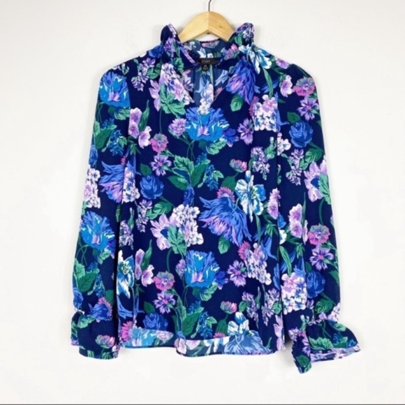 J.CREW Ruffle Neck Long Sleeve Floral Top 365 Crepe XS - Picture 6 of 12